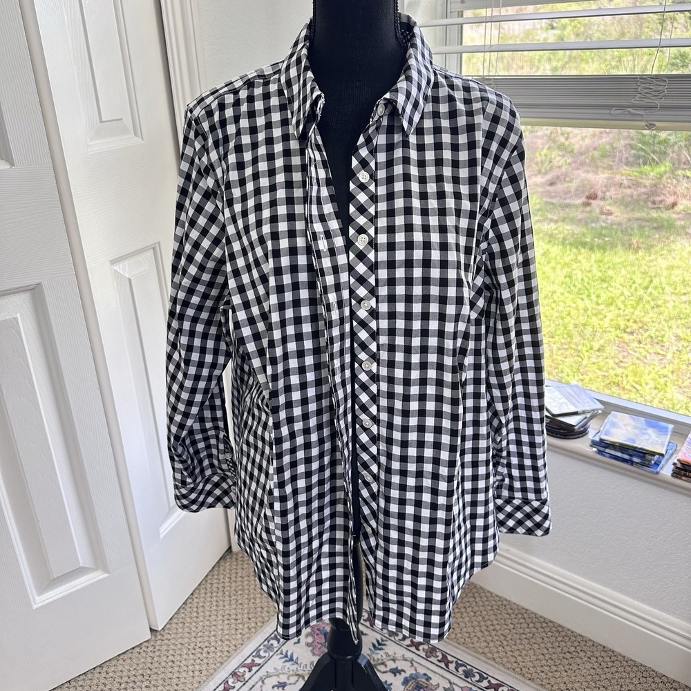 Talbots Black Checkered Cotton Workwear No Iron Button-Up Blouse Size 18W
